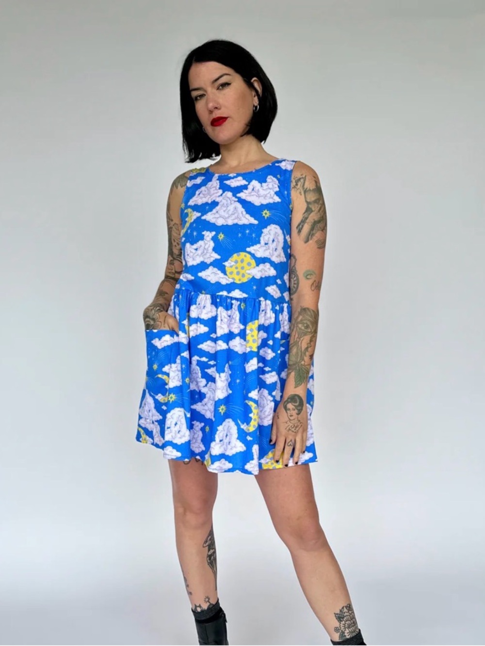 Nooworks Bright Blue Cloud & Moon Sleeveless Mini Dress